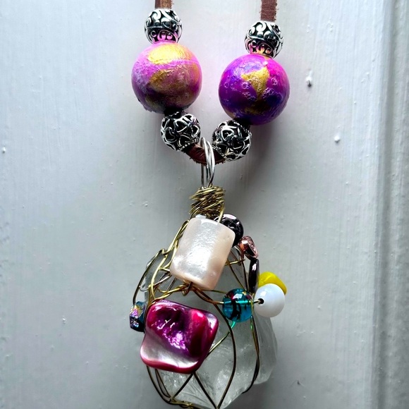 Handmade beach glass pendant embellished wire wrapped and beaded on leather cord - Picture 2 of 16